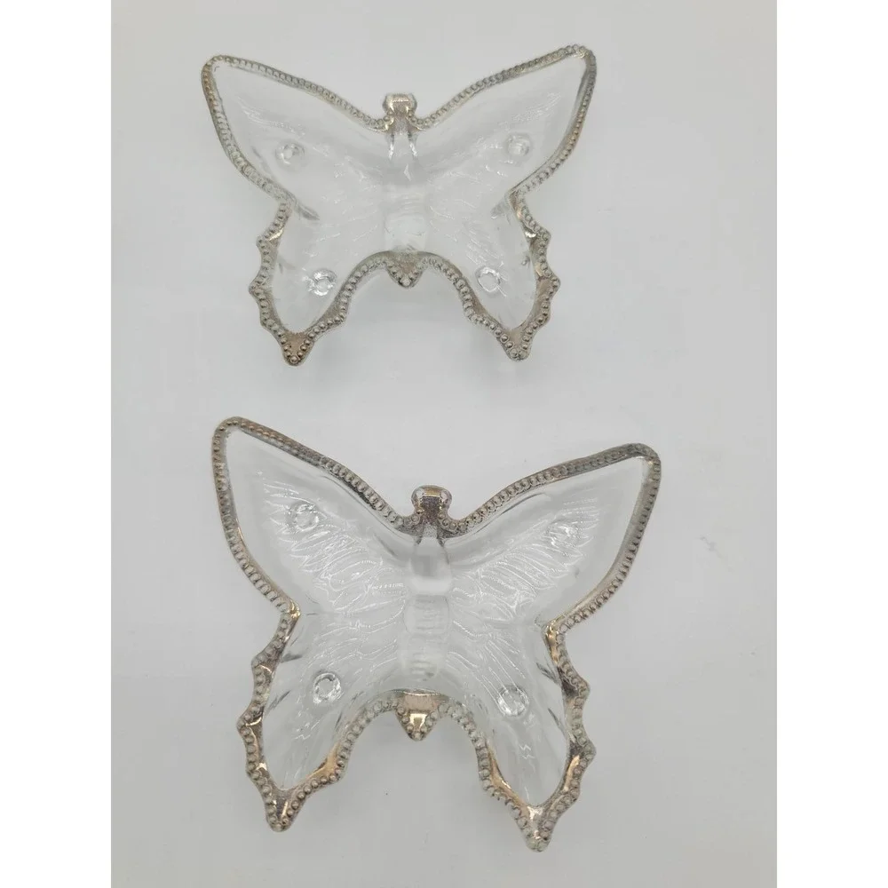 Vintage Glass Butterfly Trinket Cigarette Box /Card Set Gold Trim Vanity 3pc‎